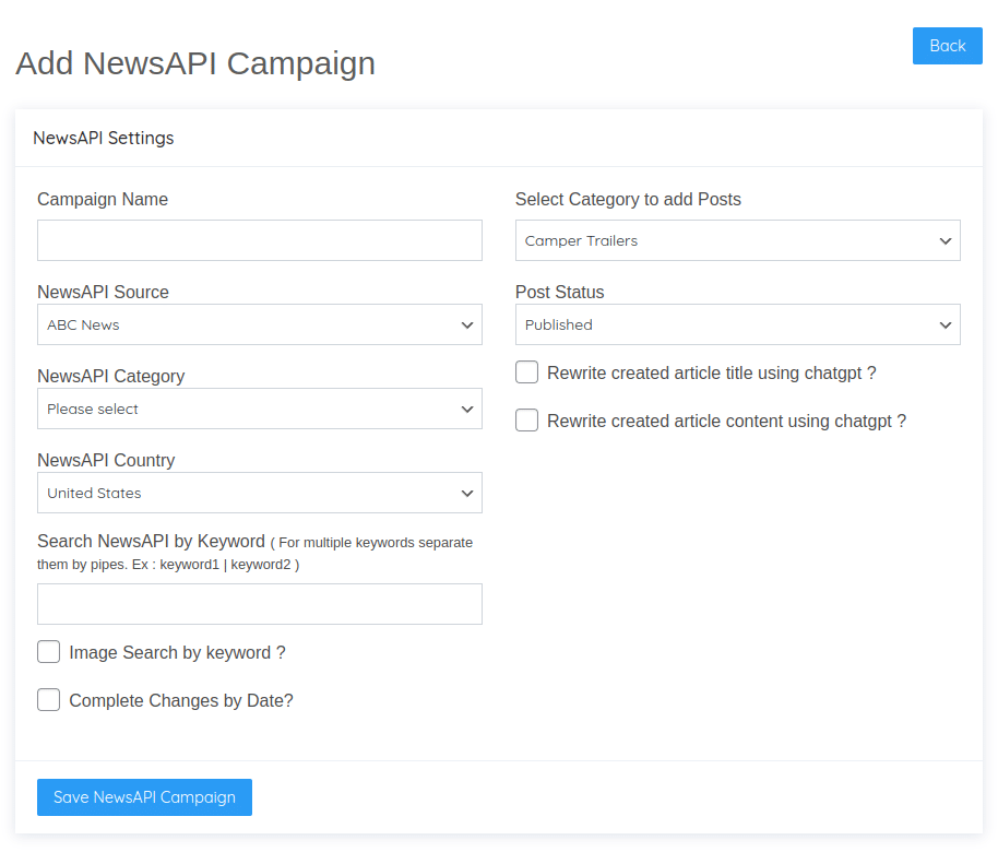 NewsAPI Campaign Form