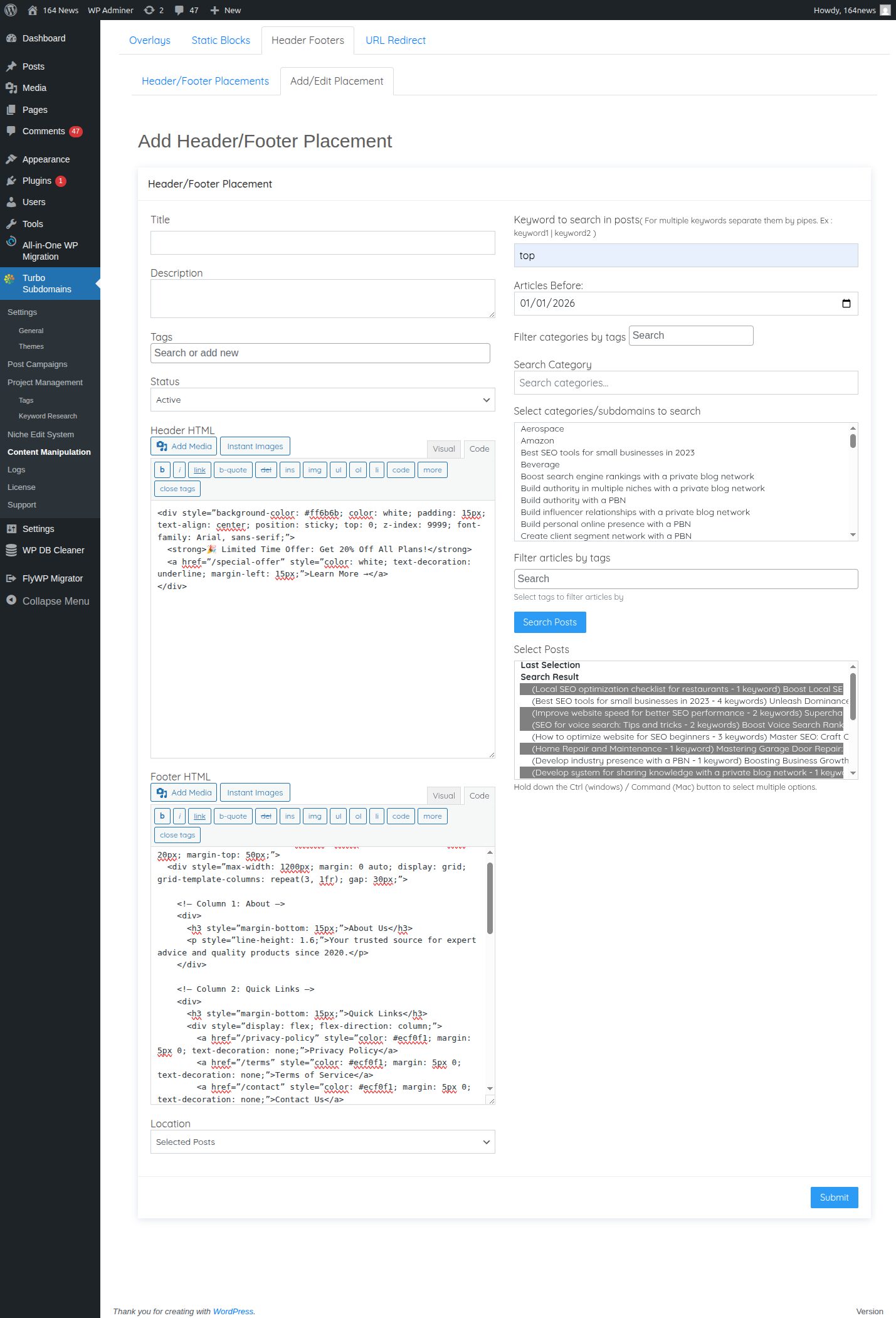 Header  Footers Add New Placement